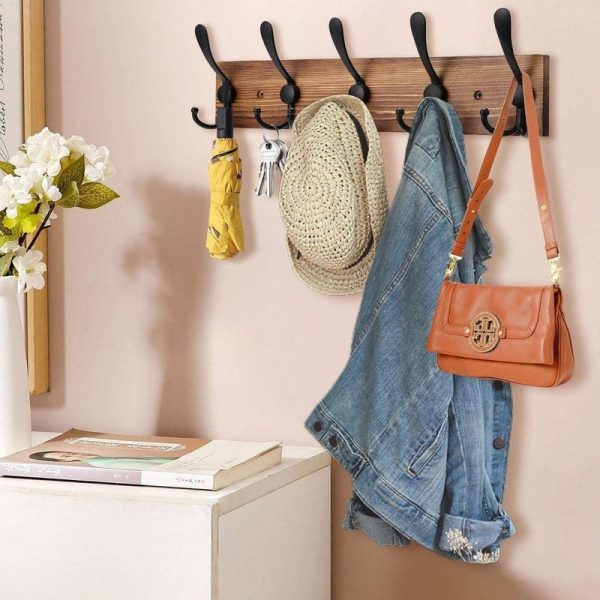 Angel Sar 2-Pack 16.9" Brown Wood Wall Mount Coat Rack with 5 Black Hooks