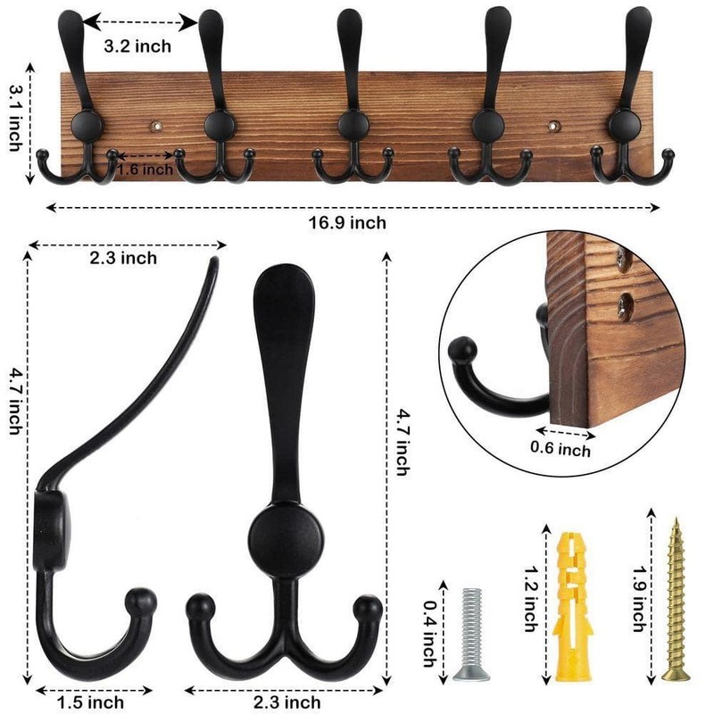 Angel Sar 2-Pack 16.9" Brown Wood Wall Mount Coat Rack with 5 Black Hooks - Image 2
