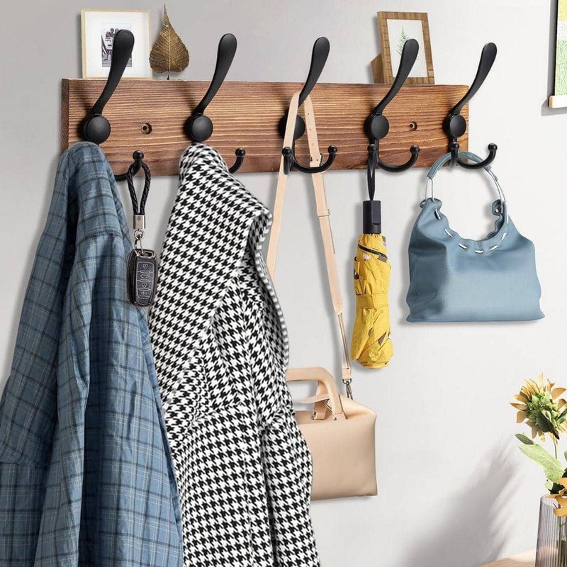 Angel Sar 2-Pack 16.9" Brown Wood Wall Mount Coat Rack with 5 Black Hooks - Image 3