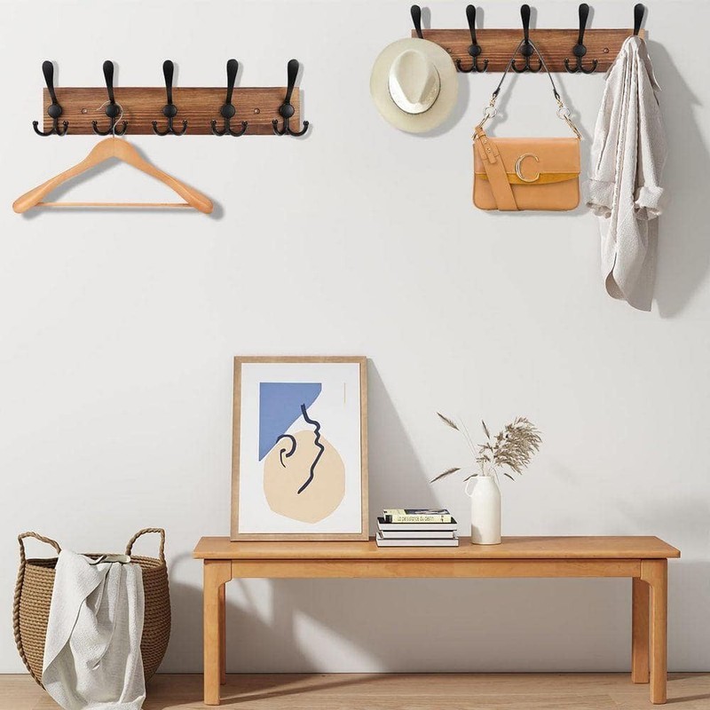 Angel Sar 2-Pack 16.9" Brown Wood Wall Mount Coat Rack with 5 Black Hooks - Image 5
