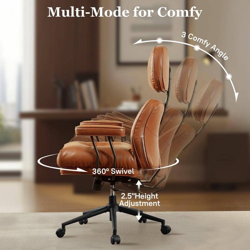 Allwex Kro PU Fabric Swivel Ergonomic Office Chair High Back Recliner Brown - Image 2