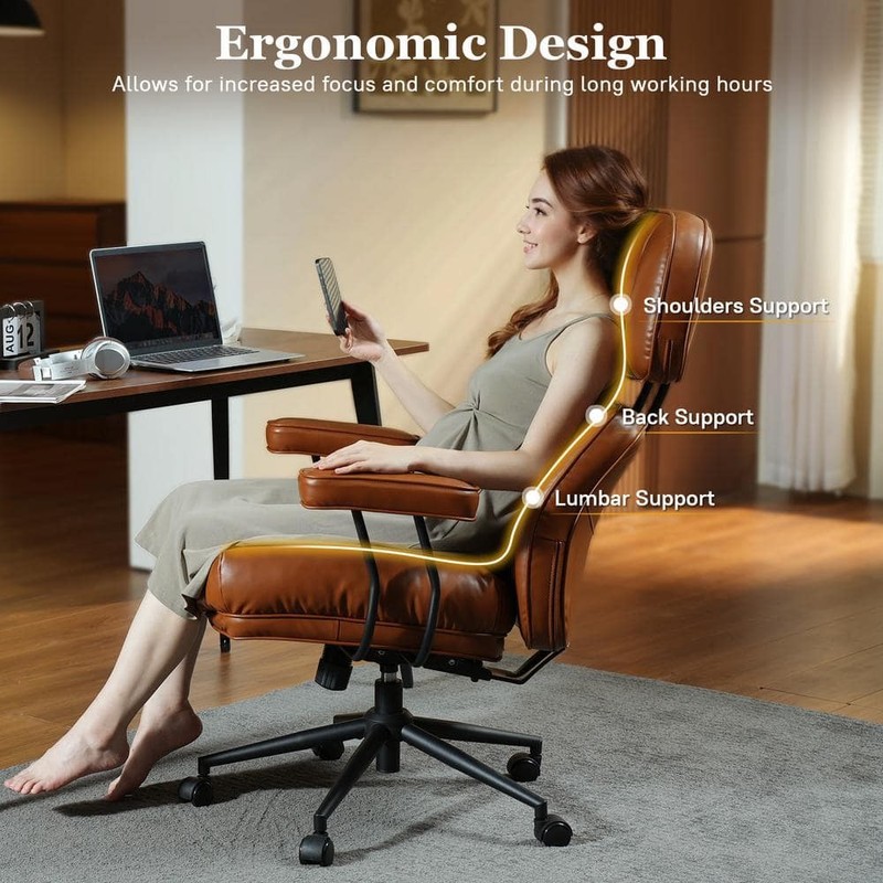Allwex Kro PU Fabric Swivel Ergonomic Office Chair High Back Recliner Brown - Image 6