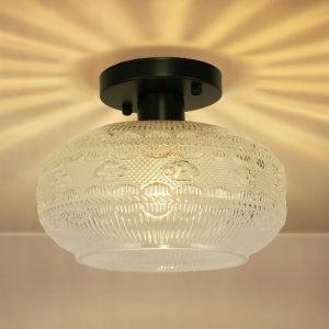 YANSUN 9.5 in. 1-Light Black Semi Flush Ceiling Light, Vintage Glass Fixture