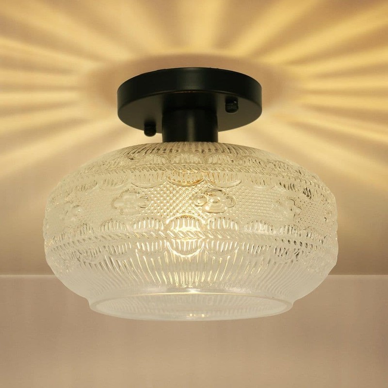 YANSUN 9.5 in. 1-Light Black Semi Flush Ceiling Light, Vintage Glass Fixture