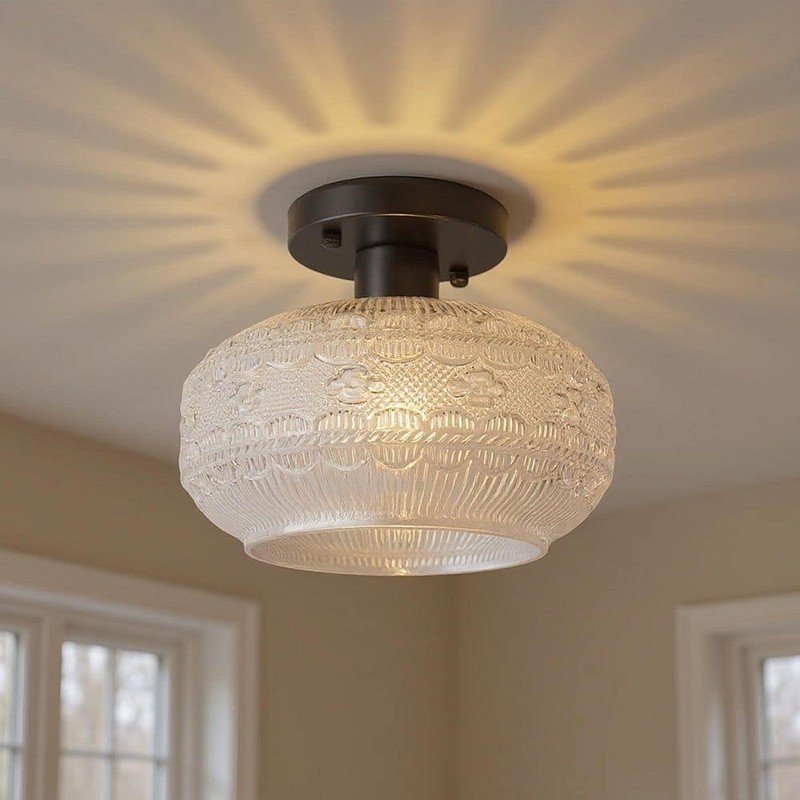 YANSUN 9.5 in. 1-Light Black Semi Flush Ceiling Light, Vintage Glass Fixture - Image 2