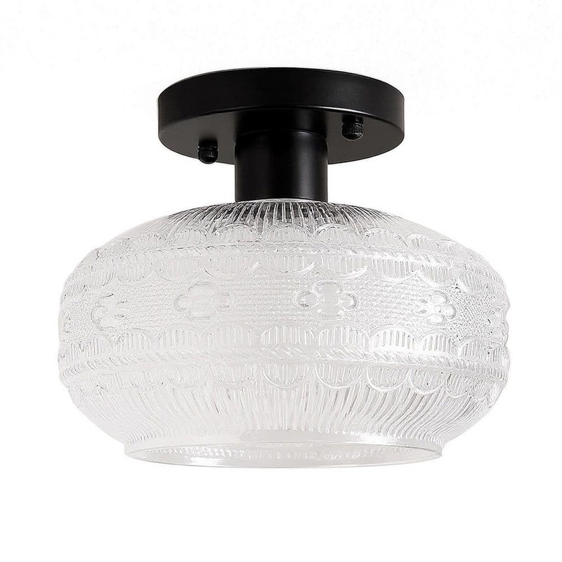 YANSUN 9.5 in. 1-Light Black Semi Flush Ceiling Light, Vintage Glass Fixture - Image 3