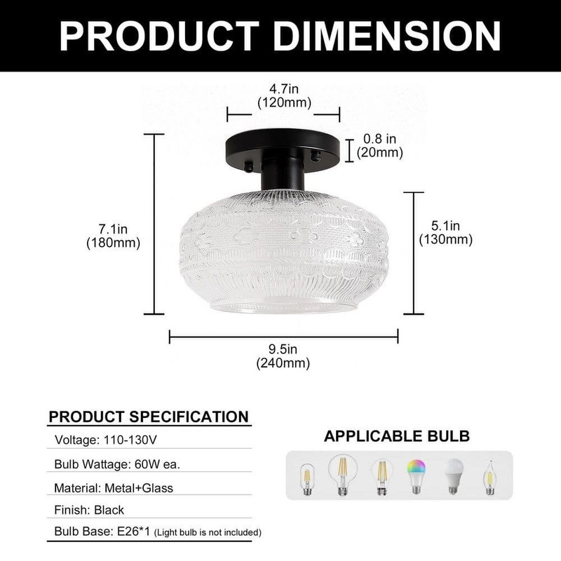 YANSUN 9.5 in. 1-Light Black Semi Flush Ceiling Light, Vintage Glass Fixture - Image 4