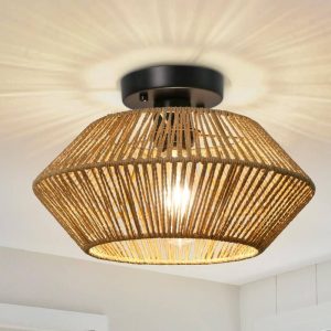 LynPon 12.79 in. 1-Light Black Rattan Semi Flush Mount Ceiling Light