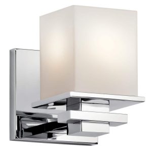 KICHLER Tully 1-Light Chrome Bathroom Wall Sconce Satin Etched Opal Glass Shade