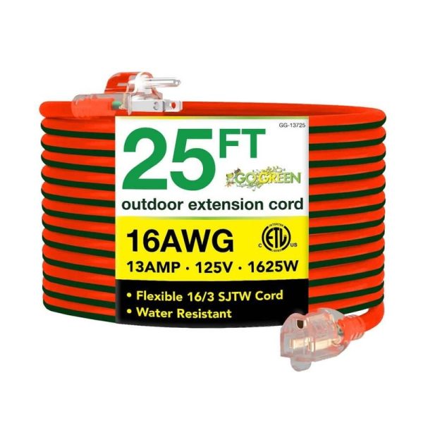 GoGreen Power 25 ft. 16/3 SJTW Outdoor Extension Cord - Orange, Lighted Ends