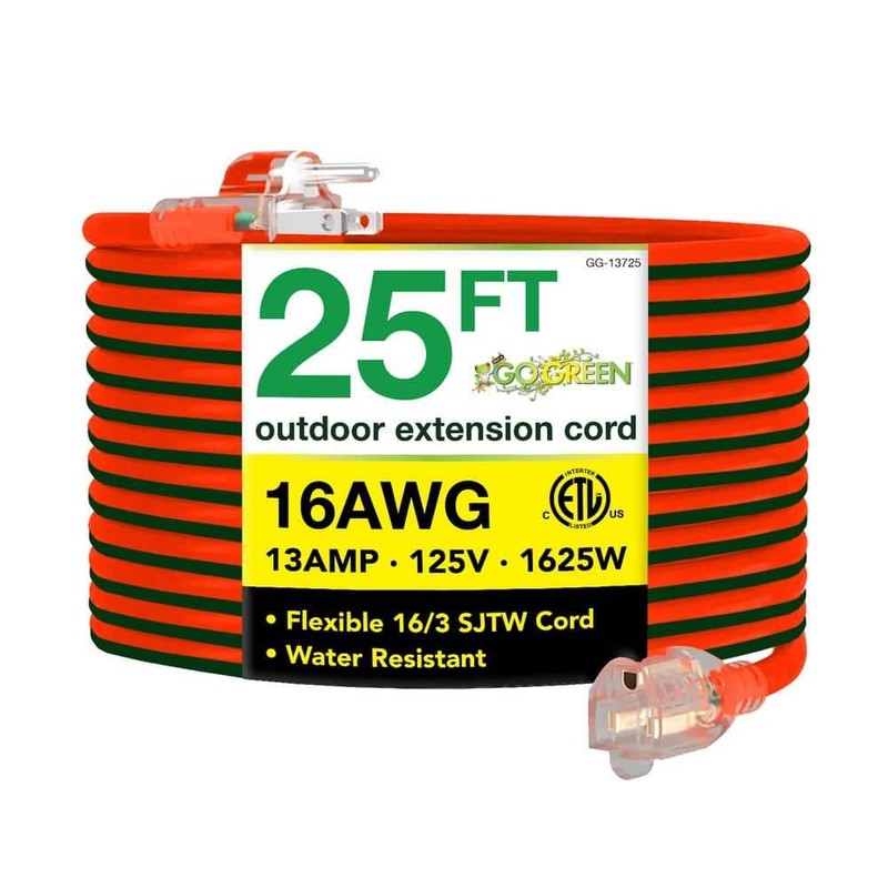 GoGreen Power 25 ft. 16/3 SJTW Outdoor Extension Cord - Orange, Lighted Ends
