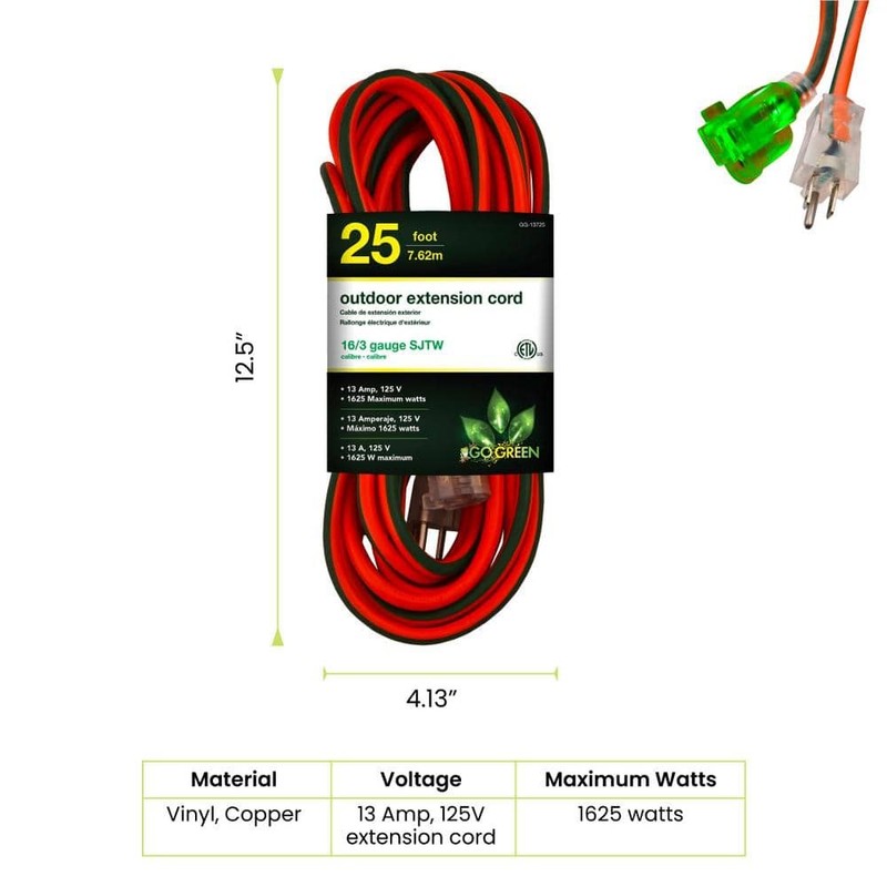 GoGreen Power 25 ft. 16/3 SJTW Outdoor Extension Cord - Orange, Lighted Ends - Image 2