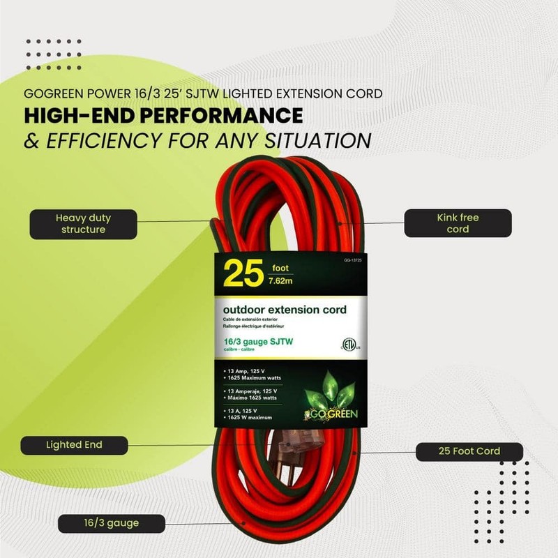 GoGreen Power 25 ft. 16/3 SJTW Outdoor Extension Cord - Orange, Lighted Ends - Image 5