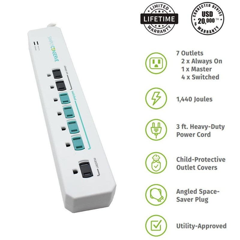 Simply Conserve 3 ft. 7-Outlet Energy-Saving Advanced Surge Protector - Image 2