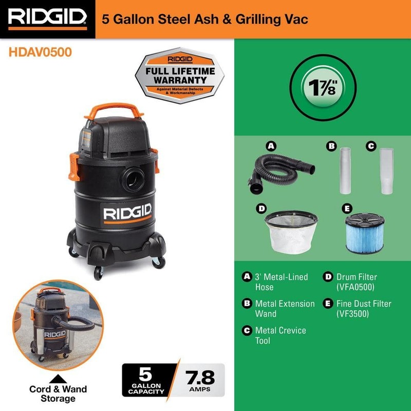RIDGID 5 Gal. Cool/Dry Ash Portable Shop Vacuum w/ Filters Hose & Accessories - Image 2