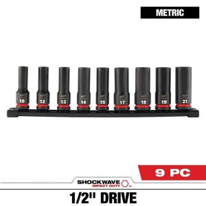 Milwaukee SHOCKWAVE 1/2" Drive Metric Deep Well 6-Point Impact Socket Set 9-Pc