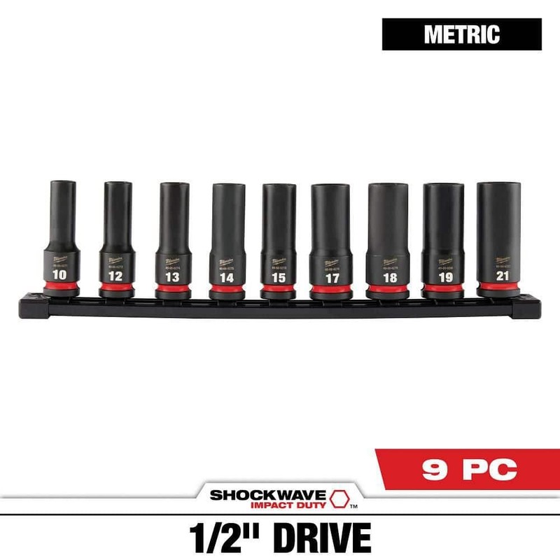 Milwaukee SHOCKWAVE 1/2" Drive Metric Deep Well 6-Point Impact Socket Set 9-Pc