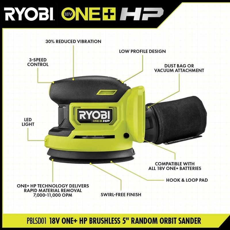 RYOBI ONE+ HP 18V Brushless Cordless 5 in. Random Orbit Sander (Tool Only) - Image 3