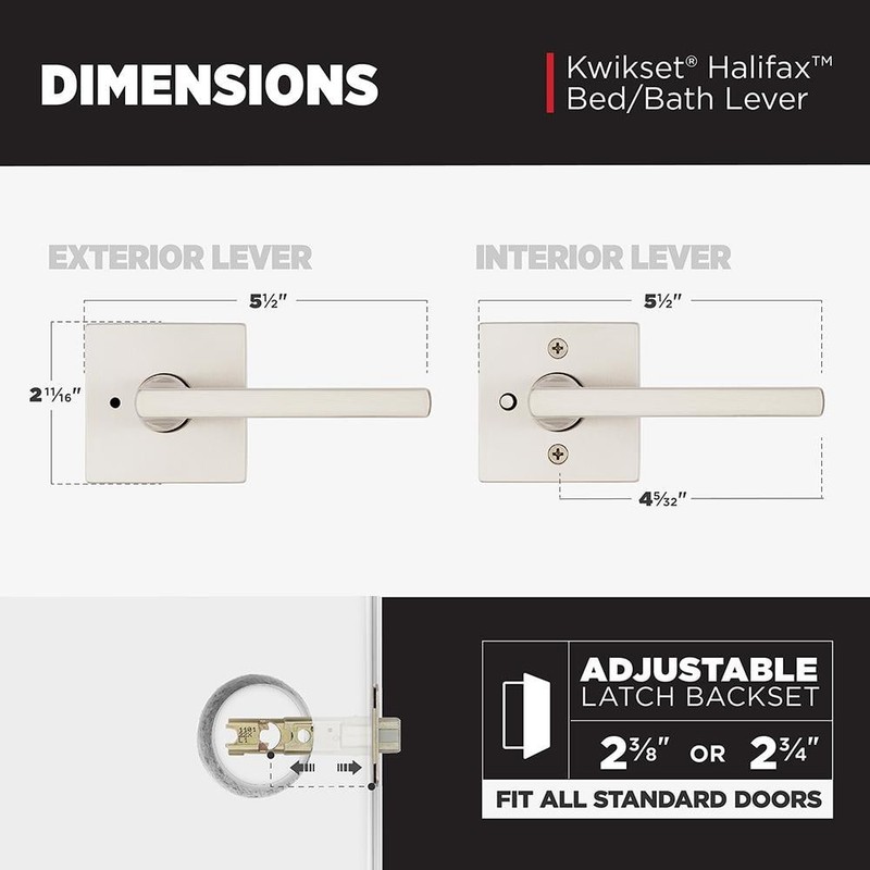 Kwikset Halifax Square Satin Nickel Privacy Bed/Bath Door Handle with Lock - Image 3