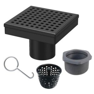RELN 4 in. x 4 in. Matte Black Square Shower Drain w/Square Pattern Drain Cover