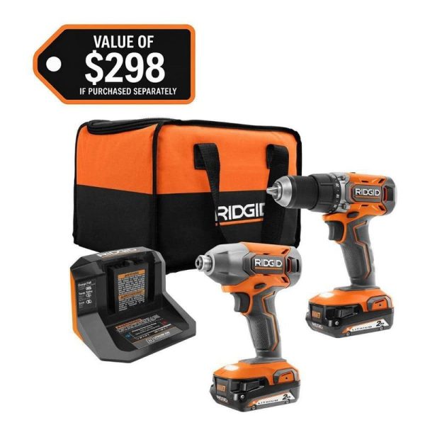 RIDGID 18V Cordless Drill & Impact Driver Combo Kit w/ (2) 2.0Ah Batteries