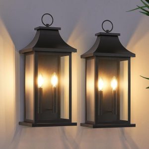 HKMGT 18 in. Tall 2-Light Black Hardwired Wall Lantern Sconce Exterior 2-Pack