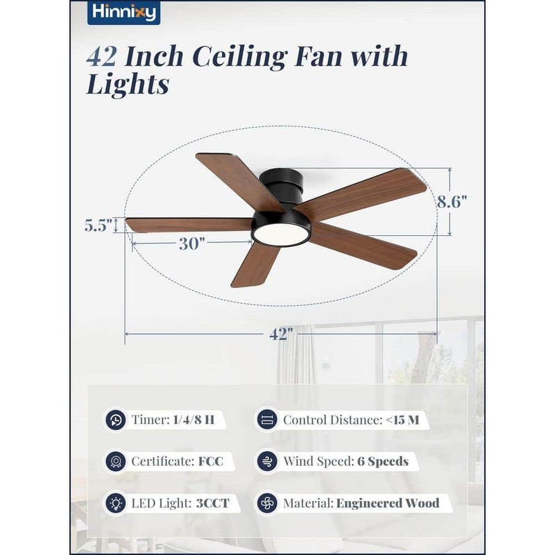 HINNIXY 42 in. Black Low Profile Flush Mount Ceiling Fan Remote 3CCT 6-Speed DC - Image 4