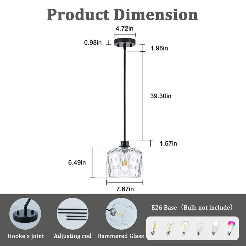 Merbotin RayHome 1-Light Black Adjustable Pendant Light Hand-Blown Glass - Image 3