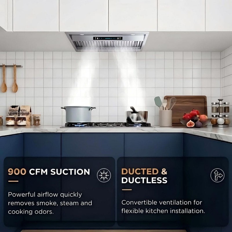 HGUOQ 30 in. 900 CFM Convertible Ductless Ducted Range Hood Stainless Steel - Image 2