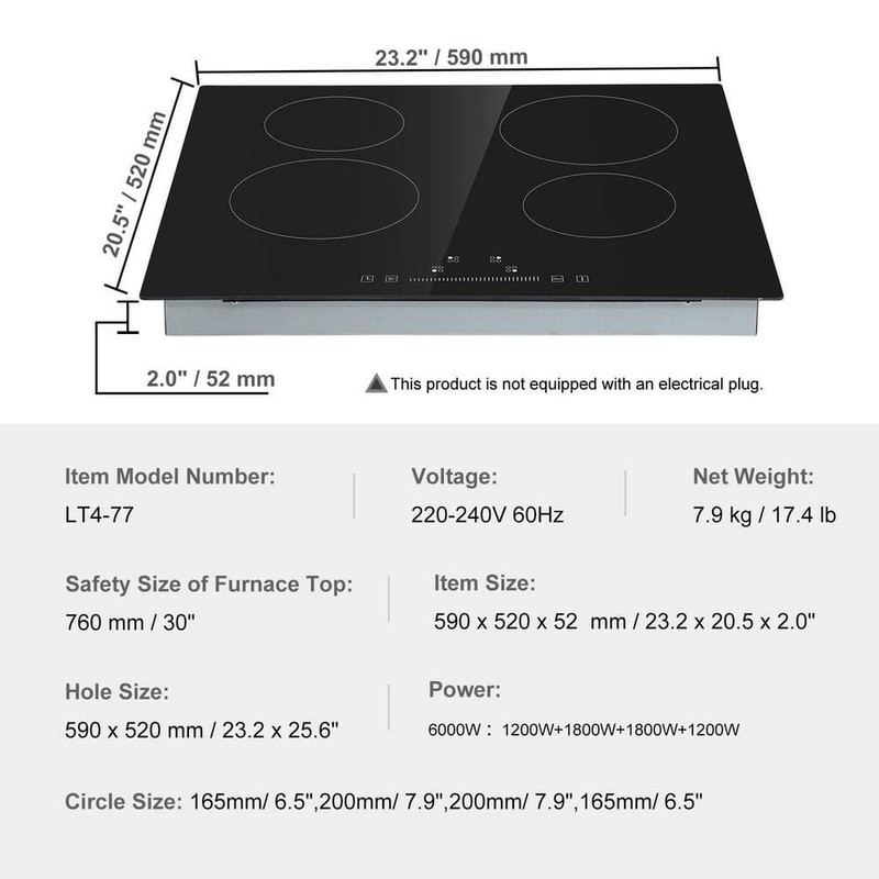 SKYSHALO Electric Stove Top 23.2x20.5 in. 4 Burners 240V Glass Cooktop - Image 7